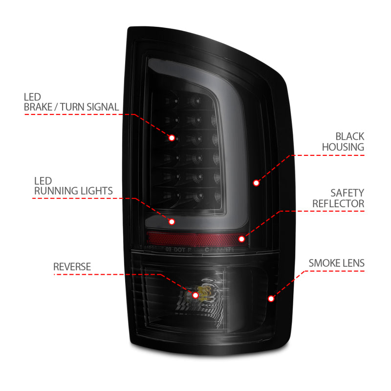 ANZO 2002-2006 Dodge Ram 1500 LED Tail Lights w/ Light Bar Black Housing Smoke Lens-SR1 Performance