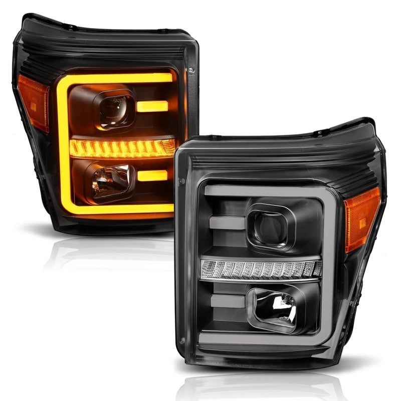 ANZO 2011-2016 Ford F250 Projector Headlights w/ Plank Style Switchback Black w/ Amber-SR1 Performance