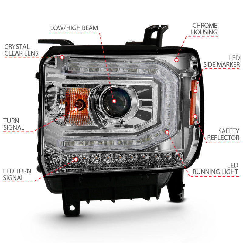 ANZO 2016-2019 Gmc Sierra 1500 Projector Headlight Plank Style Chrome w/ Sequential Amber Signal-SR1 Performance
