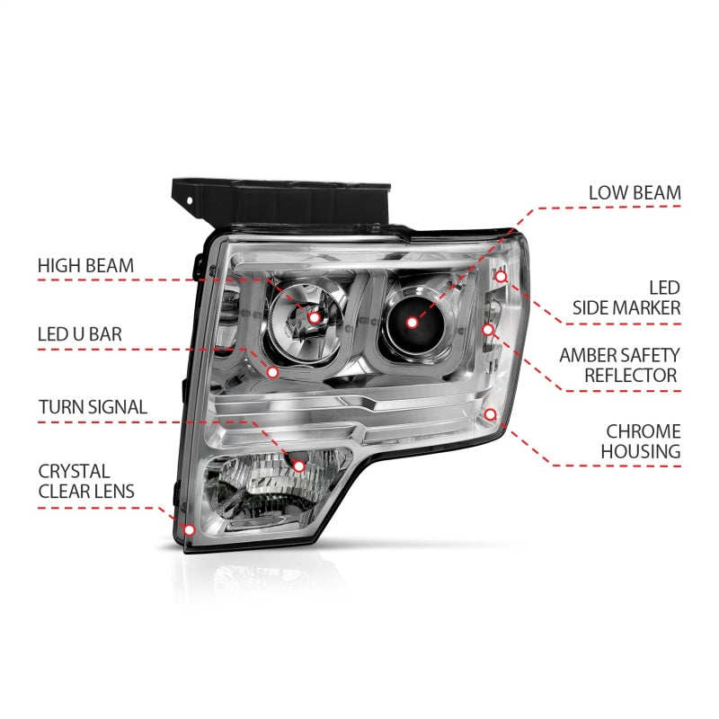 ANZO 2009-2014 Ford F-150 Projector Headlights w/ U-Bar Chrome-SR1 Performance
