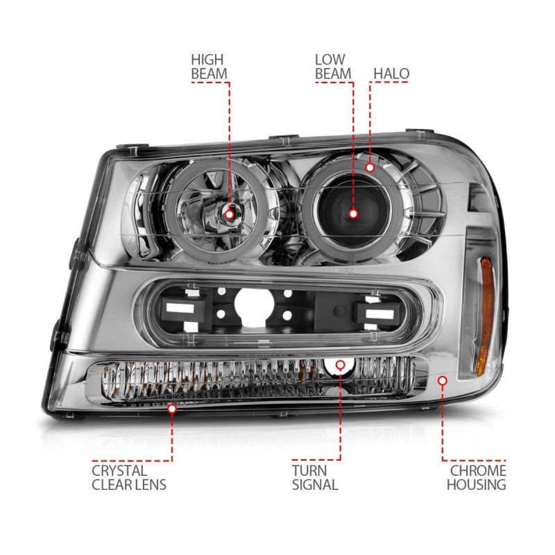 ANZO 02-09 Chevrolet Trailblazer Projector Headlights w/ Halo Chrome Housing (Non-LT Models)-SR1 Performance