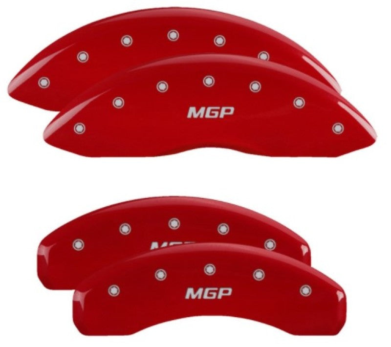 MGP 4 Caliper Covers for 2019 Nissan Armada with Red Finish and Silver Engraving