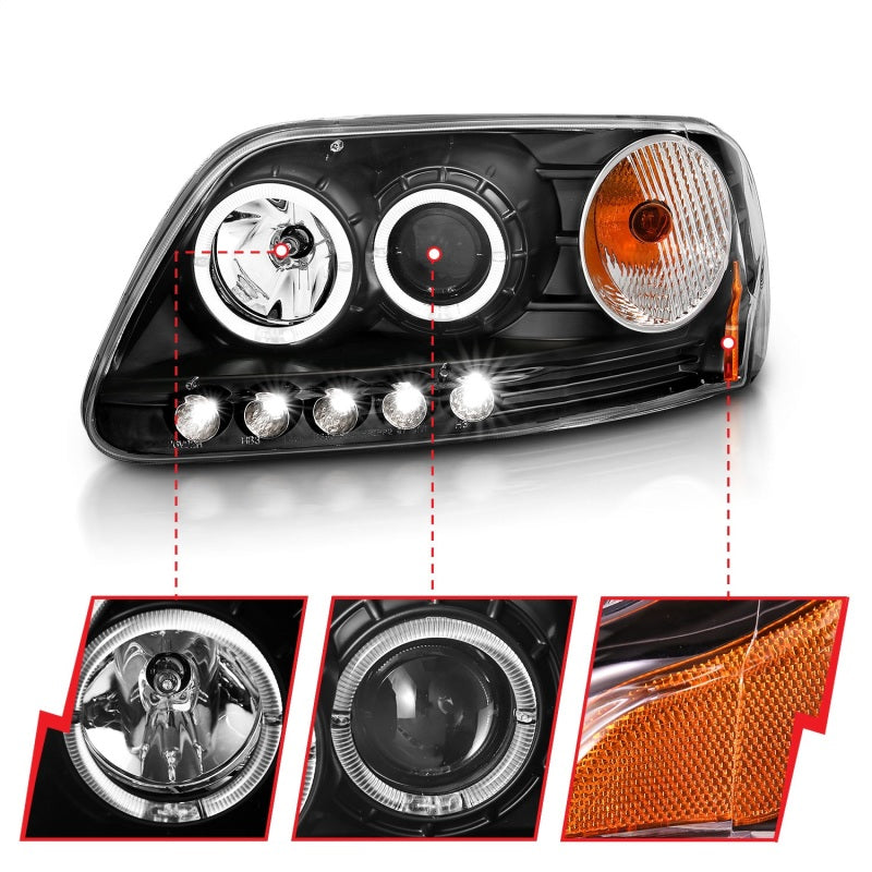 ANZO 1997.5-2003 Ford F-150 Projector Headlights w/ Halo and LED Black 1pc-SR1 Performance