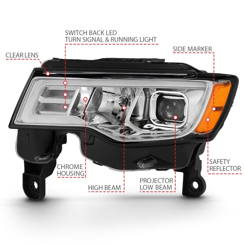 ANZO 2017-2018 Jeep Grand Cherokee Projector Headlights w/ Plank Style Switchback - Chrome w/ Amber-SR1 Performance
