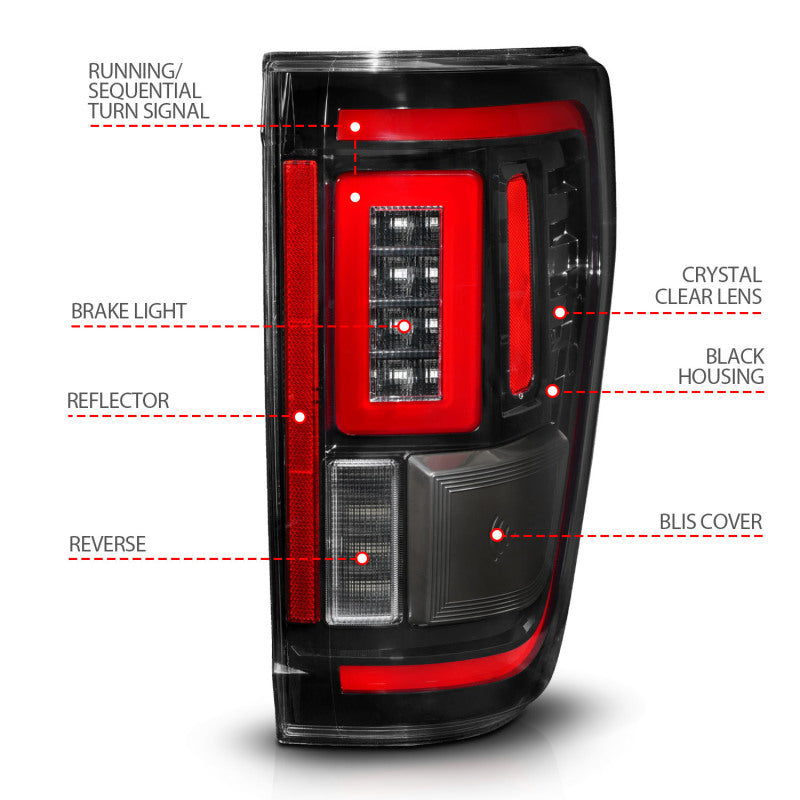 ANZO 21-23 Ford F-150 LED Taillights Seq. Signal w/BLIS Cover - Black Housing-SR1 Performance
