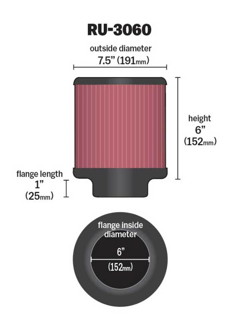 K&N Universal Rubber Filter 6in FLange ID / 7.5in OD / 6in Height / Round Straight-SR1 Performance