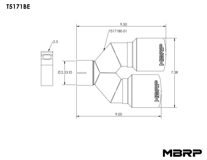 MBRP Burnt End Tip 2.5 ID, Dual 3.5 OD Out, 9.5 length, Single wall 304 Stainless Steel-SR1 Performance