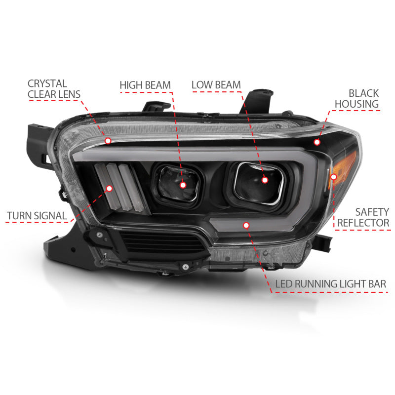 ANZO 2016-2017 Toyota Tacoma Projector Headlights w/ Plank Style Design Black/Amber w/ DRL-SR1 Performance