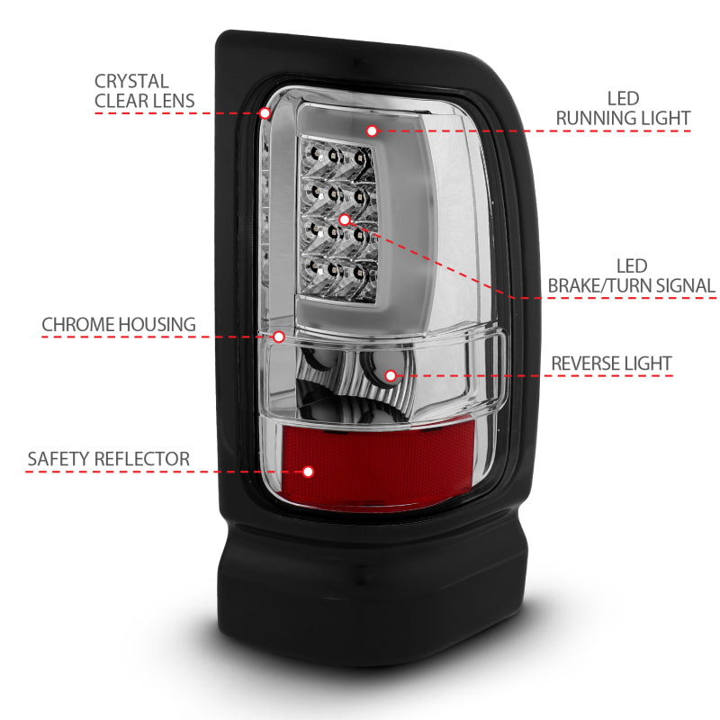 ANZO 1994-2001 Dodge Ram 1500 LED Taillights Plank Style Chrome w/ Clear Lens-SR1 Performance