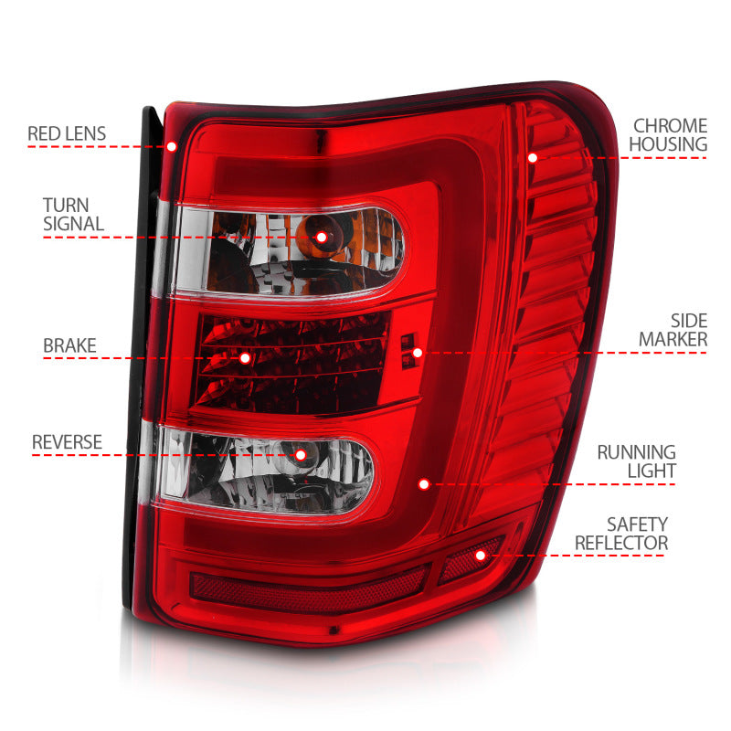 ANZO 1999-2004 Jeep Grand Cherokee LED Tail Lights w/ Light Bar Chrome Housing Red/Clear Lens-SR1 Performance