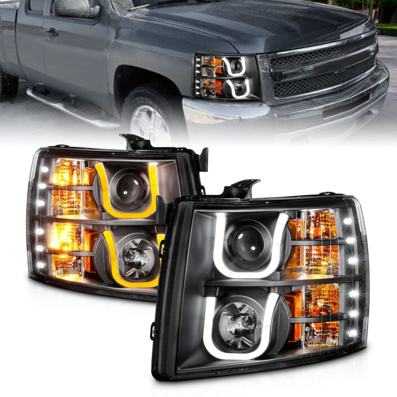 ANZO 2007-2013 Chevrolet Silverado 1500/2500 Projector Headlights w/ U-Bar Switchback Black w/ Amber-SR1 Performance
