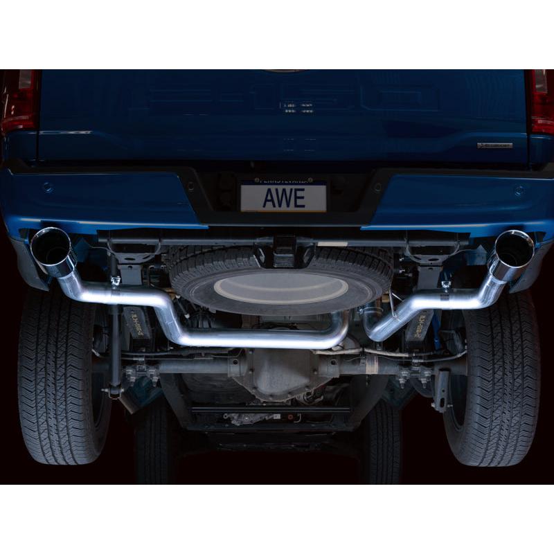 AWE 0FG 21+ Ford F150 Dual Split Rear Exhaust - 5in Chrome Silver Tips-SR1 Performance