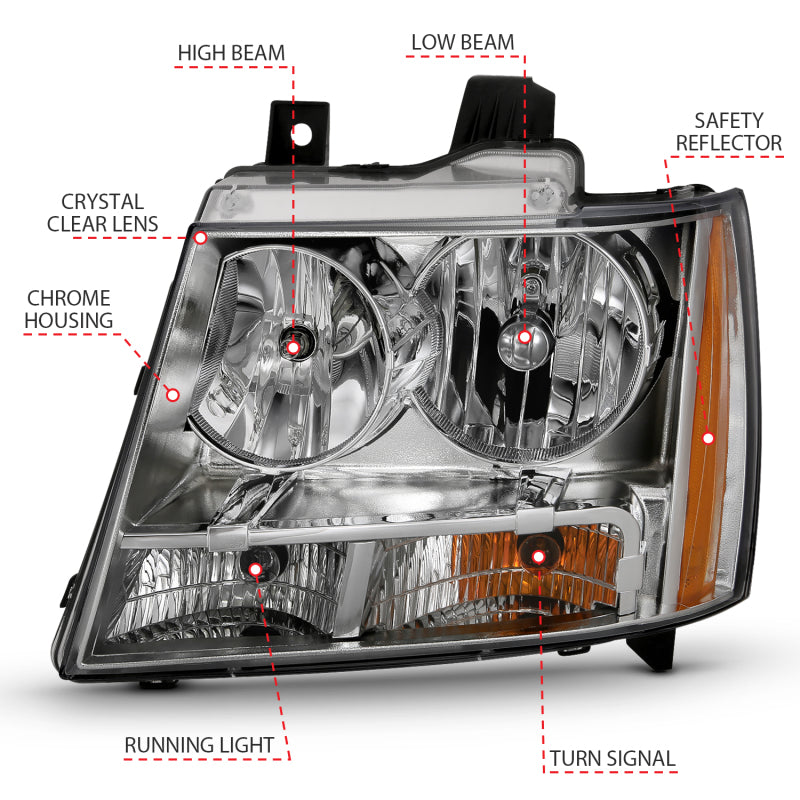 ANZO 2007-2014 Chevy TahOE Crystal Headlight Chrome Amber(OE)-SR1 Performance