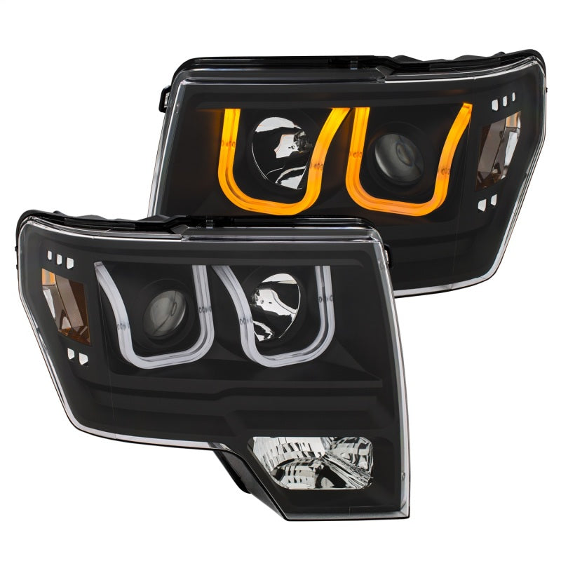 ANZO 2009-2014 Ford F-150 Projector Headlights w/ U-Bar Switchback Black w/ Amber-SR1 Performance