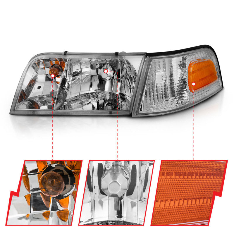 ANZO 1998-2005 Ford Crown Victoria Crystal Headlight Chrome With Bumper Light (OE)-SR1 Performance