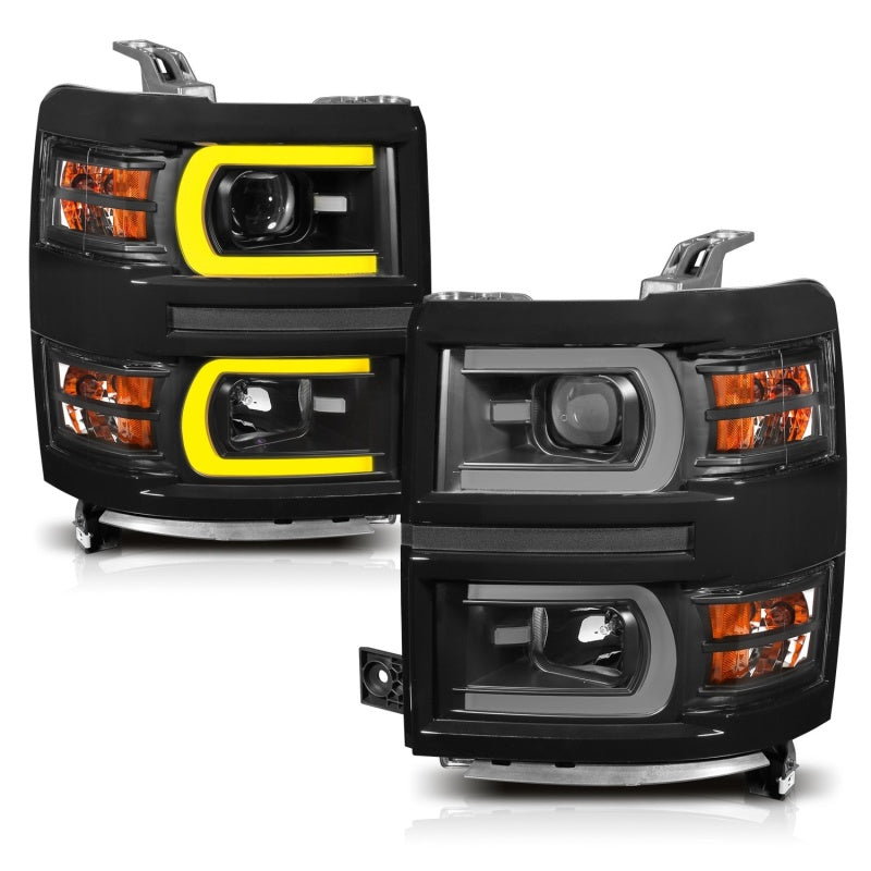 ANZO 14-15 Chevrolet Silverado 1500 Projector Headlights w/ Plank Style Switchback Black w/ Amber-SR1 Performance