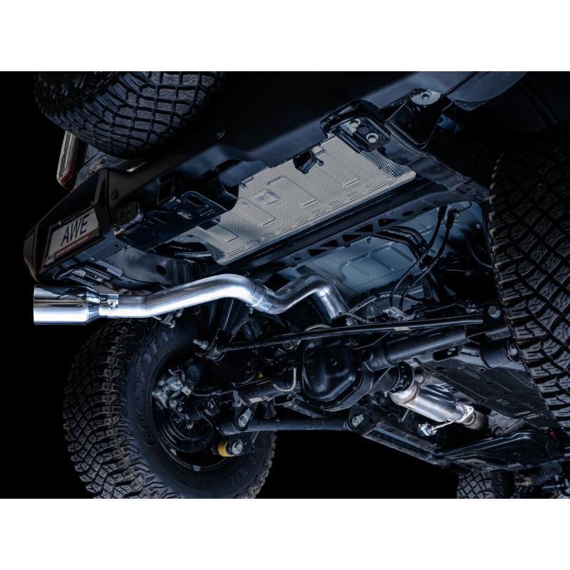 AWE Tuning 2021+ Ford Bronco 0FG Single Rear Exit Exhaust w/Chrome Silver Tip & Bash Guard-SR1 Performance