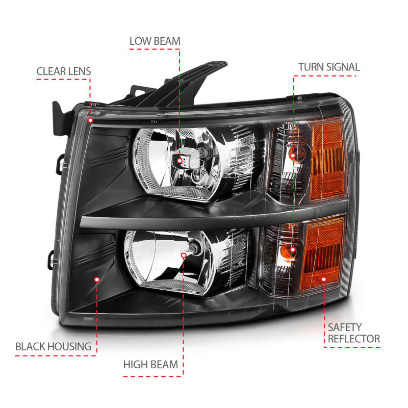 ANZO 2007-2013 Chevrolet Silverado Crystal Headlights Black-SR1 Performance