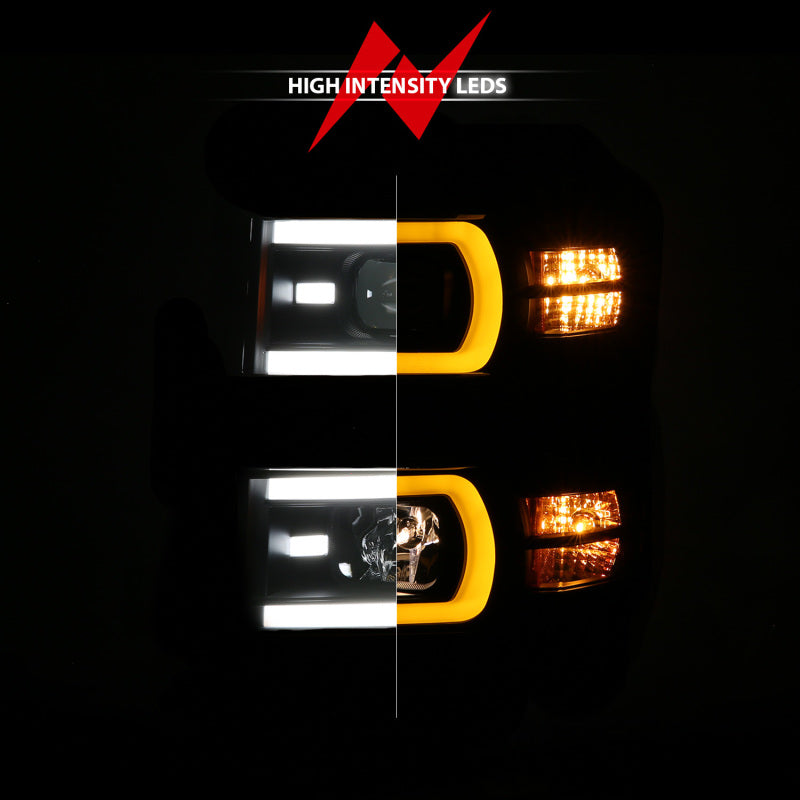 Anzo 14-15 Chevy Silverado 1500 Black Dual Switchback+Sequential LED Tube Sq. Projector Headlights-SR1 Performance