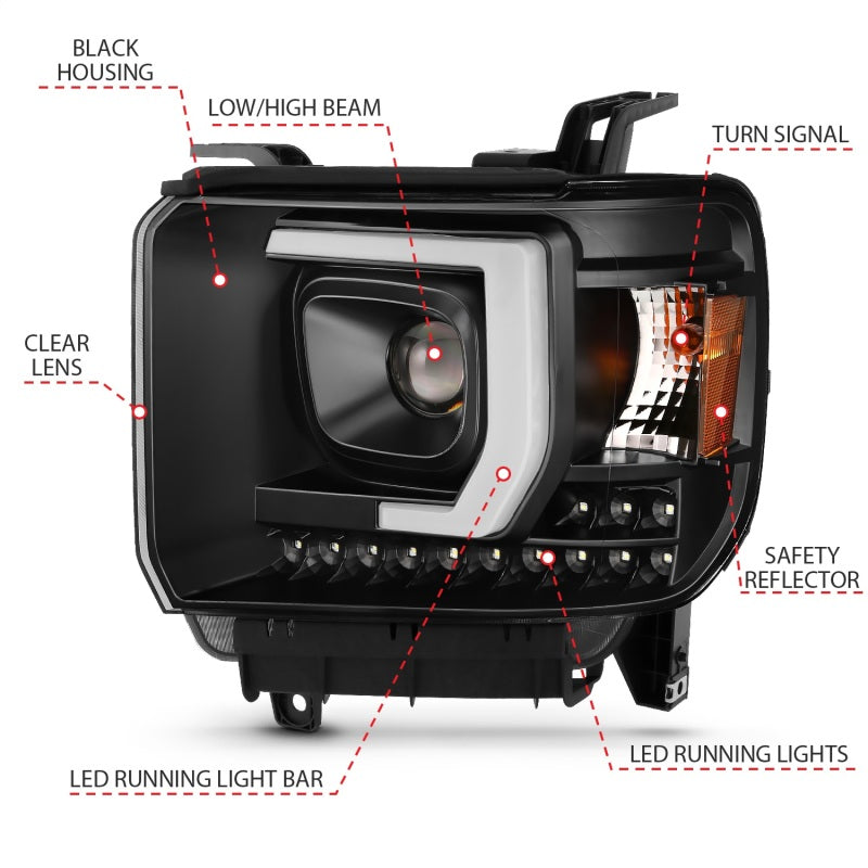 ANZO 2014-2015 Gmc Sierra 1500HD Projector Plank Style Headlight Black W/ Drl-SR1 Performance
