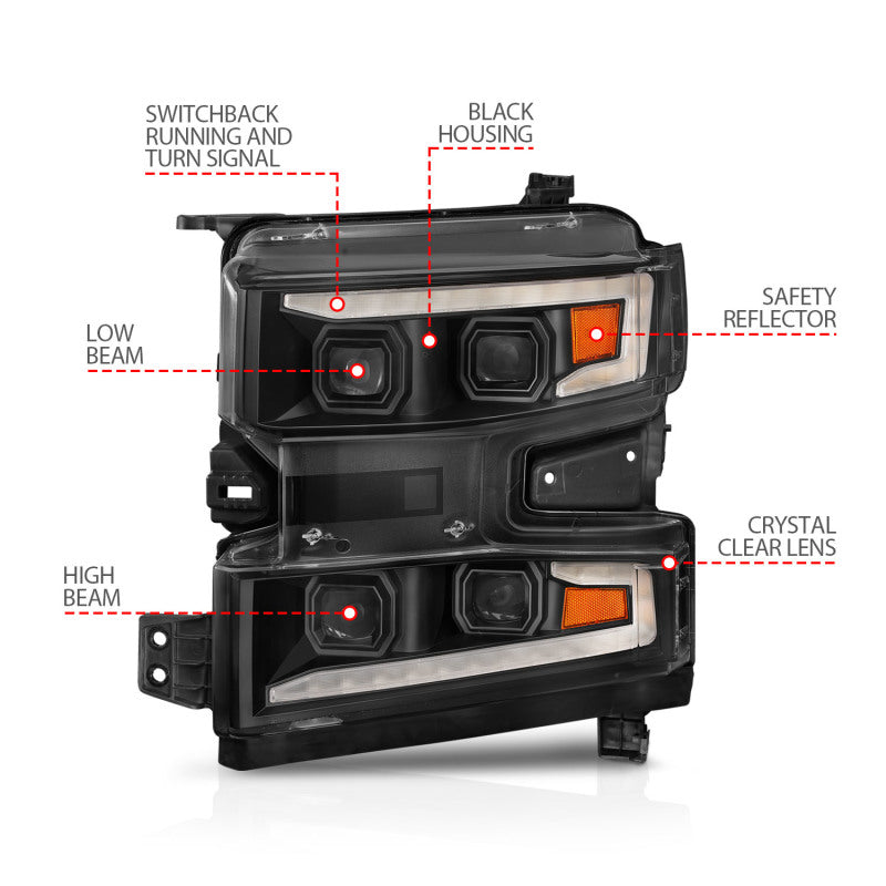 ANZO 19-22 Chevrolet Silverado 1500 LED Proj HL w/Lgt Bar SwBk Seq. Blk w/In. Light - Driver Side ON-SR1 Performance
