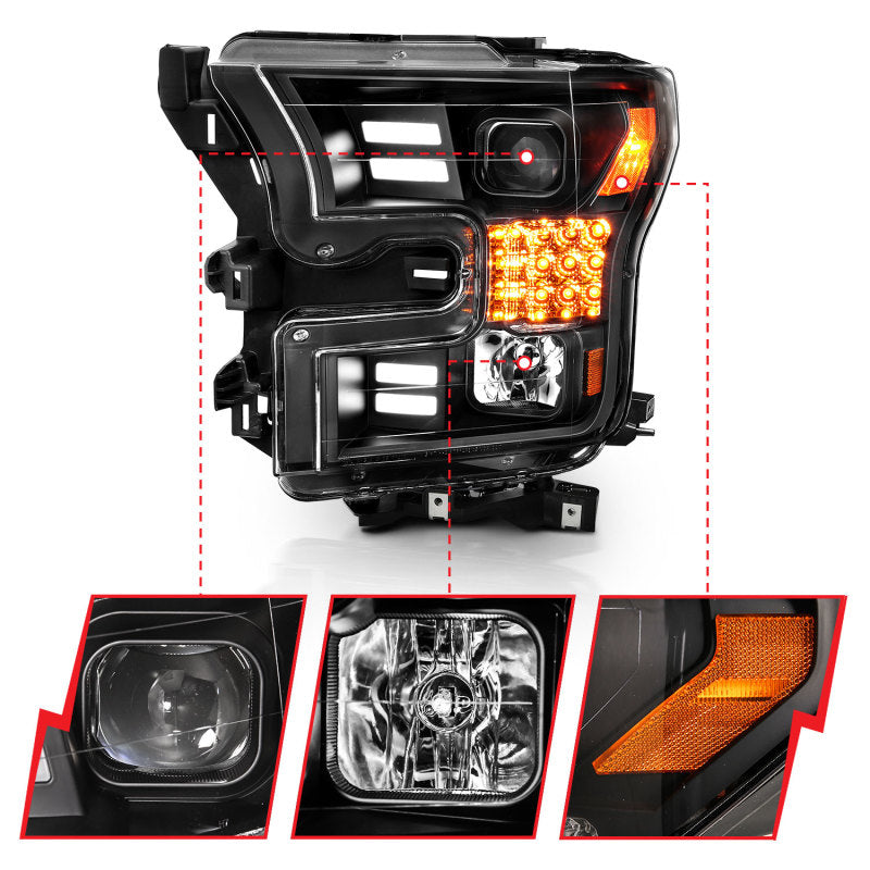 ANZO 15-17 Ford F-150 Project Headlights w/ Plank Style Design Black w/ Amber Sequential Turn Signal-SR1 Performance