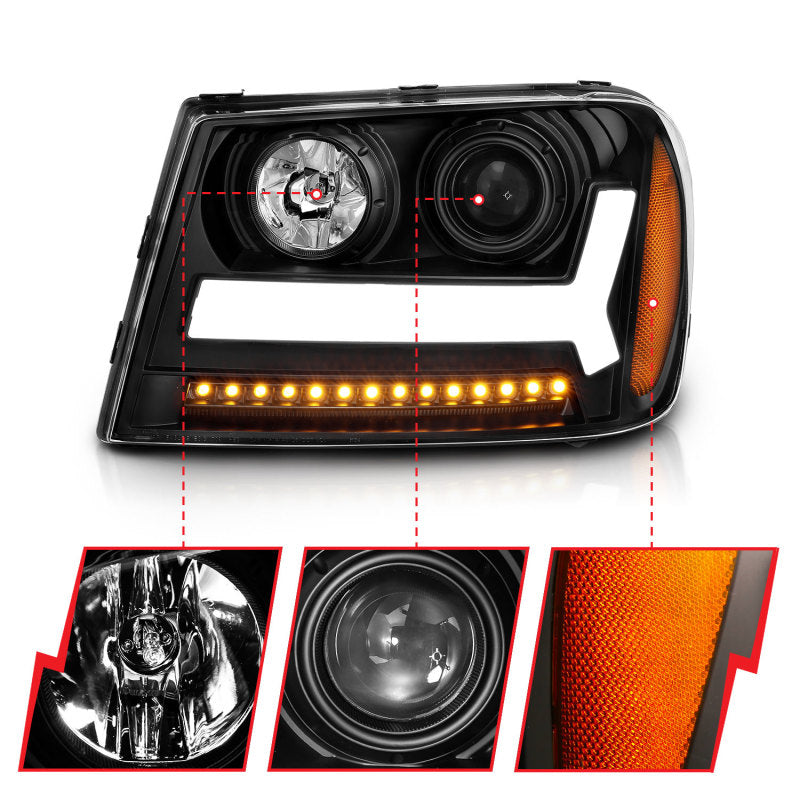 ANZO 2006-2009 Chevrolet Trailblazer Projector Headlights w/ Plank Style Design Black w/ Amber-SR1 Performance