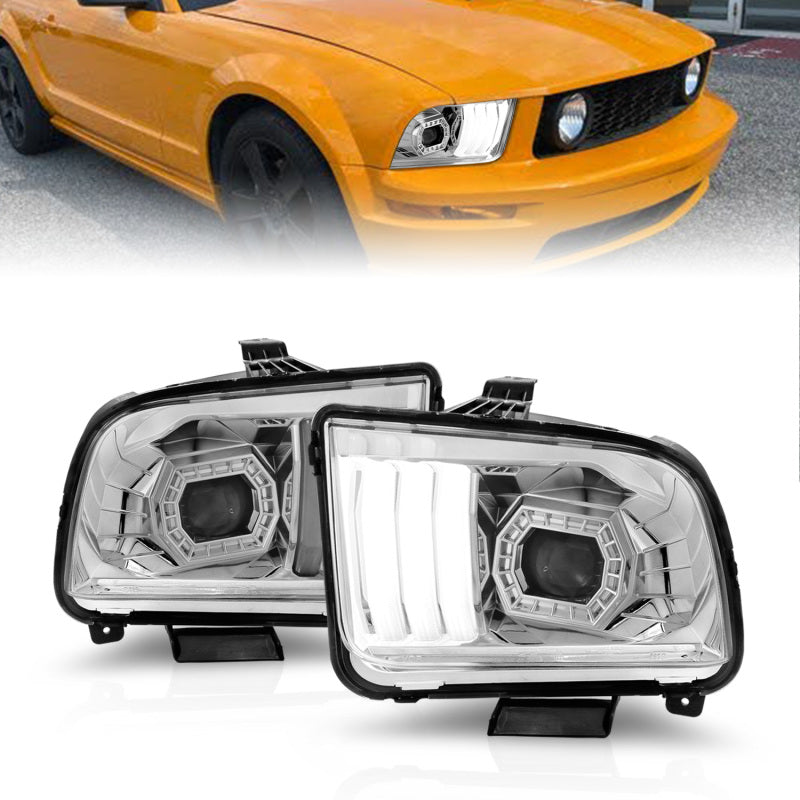 ANZO 05-09 Ford Mustang (w/Factory Halogen HL Only) Projector Headlights w/Light Bar Chrome Housing-SR1 Performance
