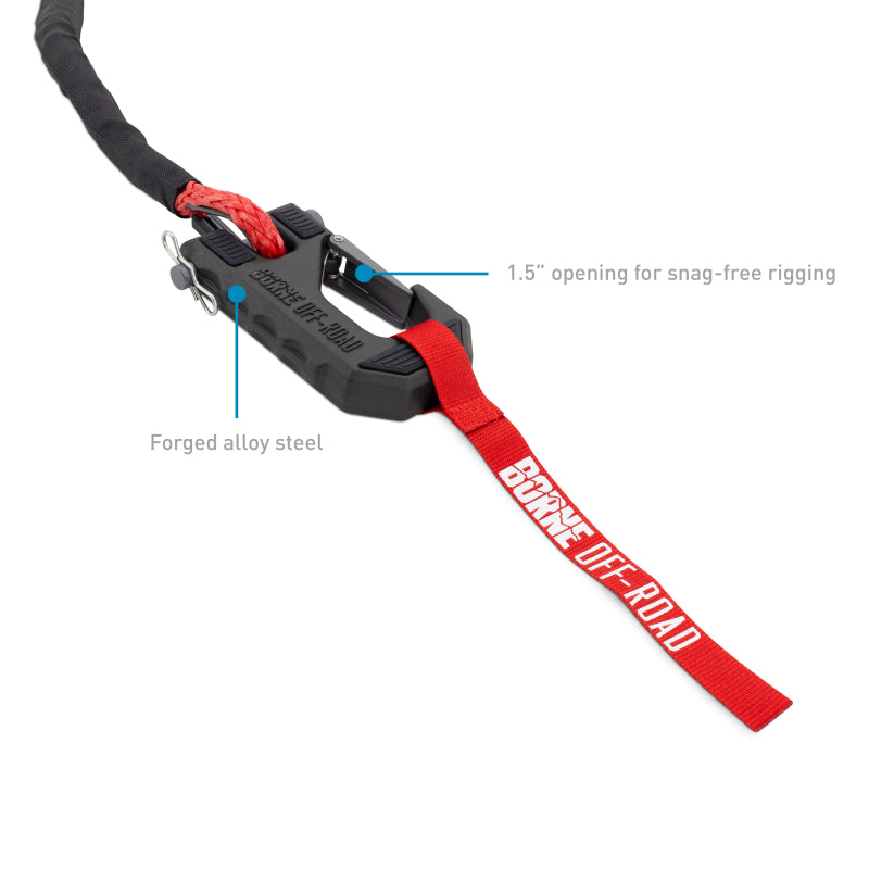 Borne Off-Road Winch Hook with 3/8 Inch Rope and Red Hand Strap - Part BNWN-SR-38-85KRD