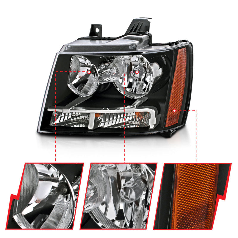 ANZO 2007-2014 Chevrolet Tahoe/Suburban Crystal Headlights Black-SR1 Performance