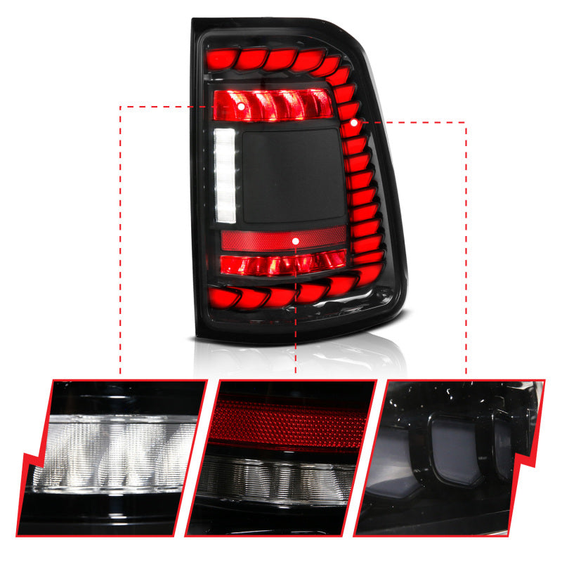ANZO Full LED Tail Lights for RAM 1500 (2019-2024, Factory LED Models) - SeqSig Black Pair