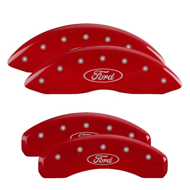 MGP 4 Caliper Covers Engraved Front & Rear Ford Oval Logo Red Finish Silver Char 2021 Ford F-150-SR1 Performance