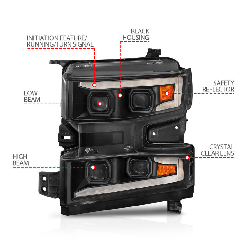 ANZO 19-22 Chevrolet Silverado 1500 LED Proj HL w/Lgt Bar SwBk Seq. Blk w/In. Light - Driver Side ON-SR1 Performance