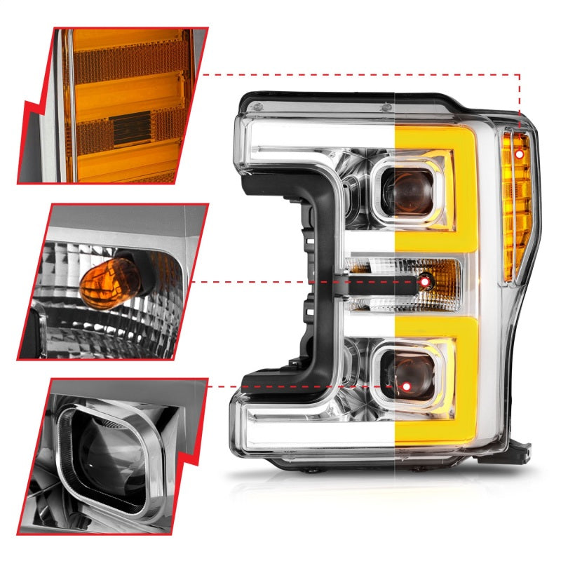 ANZO 17-19 Ford F-250/350/450 SD (w/o Factory LED HL) LED Proj Headlights w/Light Bar Switchback Chr-SR1 Performance