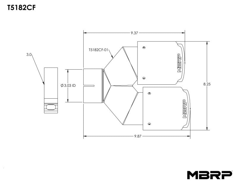 MBRP 3in ID / Dual 4in OD Out Staggered L 9.87in / R 9.37in Dual Wall Carbon Fiber Univ Exhaust Tip-SR1 Performance