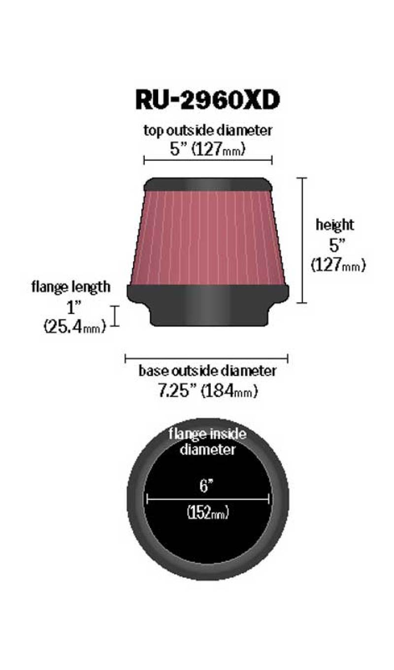 K&N Universal Tapered Filter 6in Flange ID x 7.5in Base OD x 5in Top OD x 5in Height-SR1 Performance