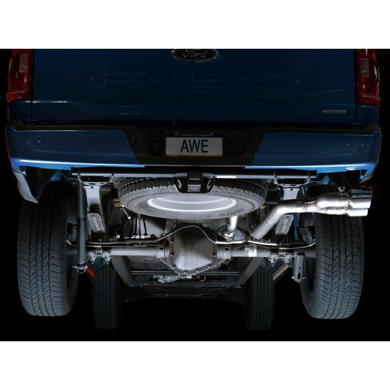 AWE 0FG 21+ Ford F150 Dual Side Exit Cat-Back Exhaust- 4.5in Chrome Silver Tips-SR1 Performance