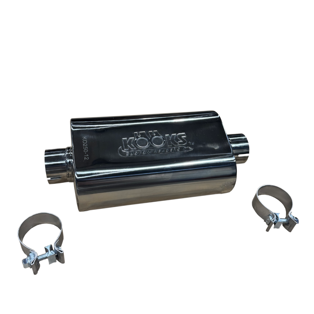 2-1/2" Oval Clamp In Muffler 12" Long Body . Polished Stainless Steel.