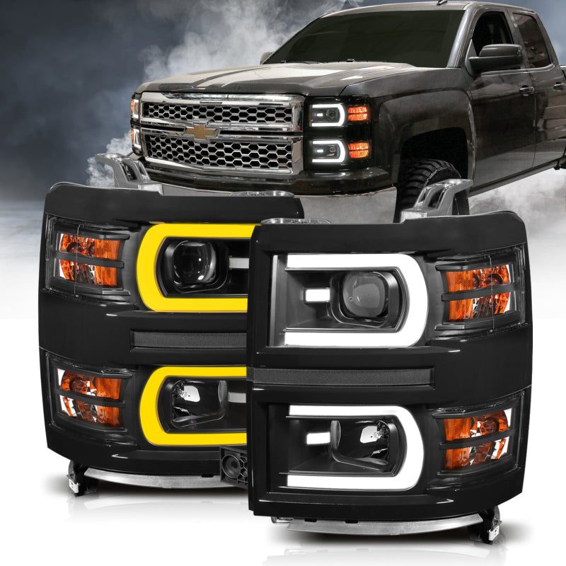 ANZO 14-15 Chevrolet Silverado 1500 Projector Headlights w/ Plank Style Switchback Black w/ Amber-SR1 Performance
