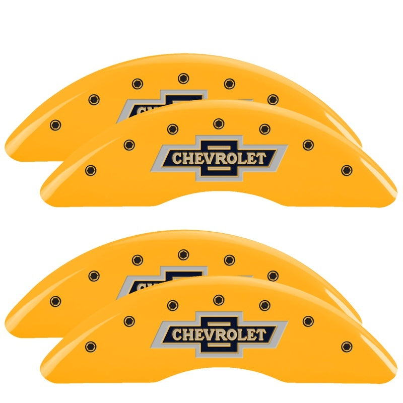 MGP 4 Caliper Covers for 2018-2019 Chevrolet Silverado 2500HD and 3500HD * 100th Anniversary Yellow Finish with Black Engraving