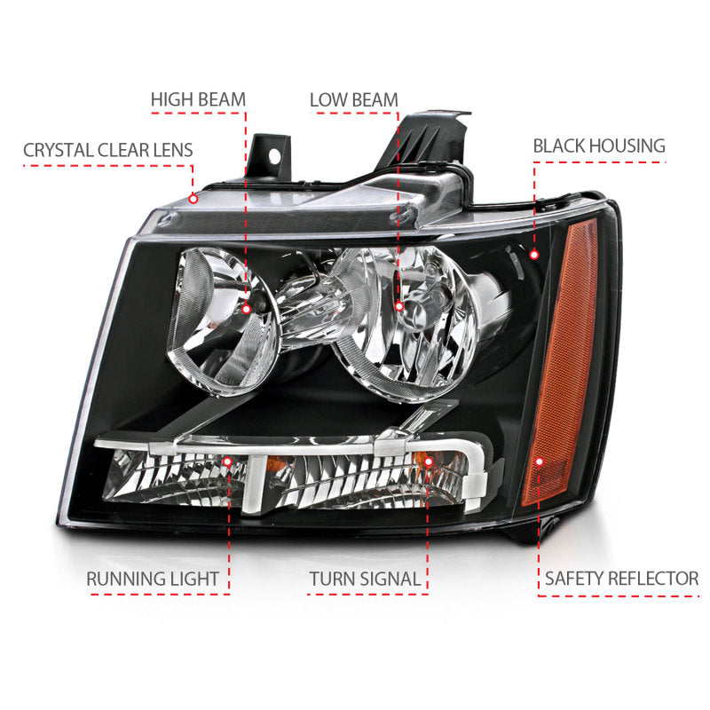 ANZO 2007-2014 Chevrolet Tahoe/Suburban Crystal Headlights Black-SR1 Performance