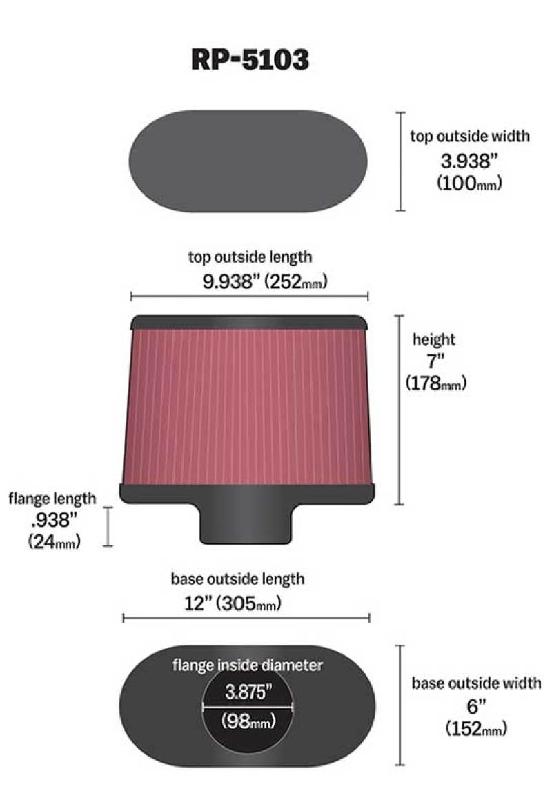 K&N Universal Filter with Carbon Fiber Top & Base-12in Base O/S Length x 6in Base O/S Width x 7in H-SR1 Performance