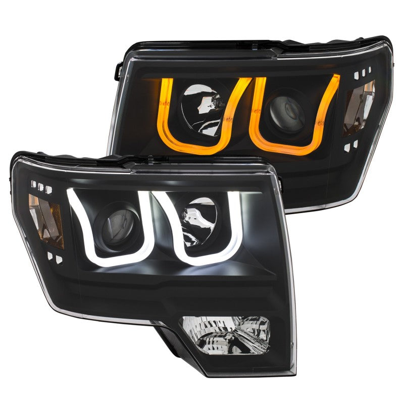 ANZO 2009-2014 Ford F-150 Projector Headlights w/ U-Bar Switchback Black w/ Amber-SR1 Performance