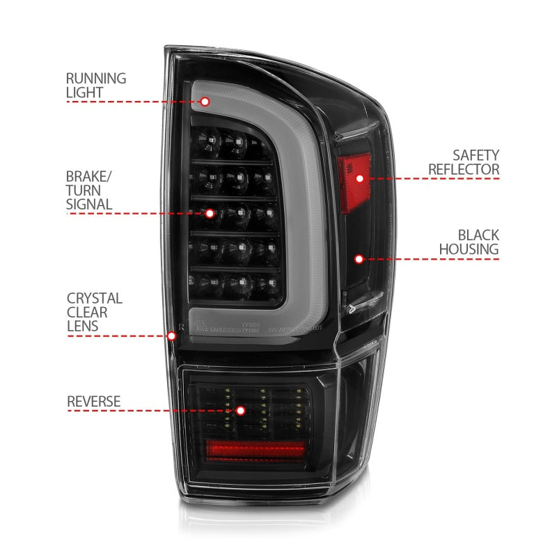 ANZO 16-21 Toyota Tacoma LED Tail Lights - w/ Light Bar Sequential Black Housing & Clear Lens-SR1 Performance
