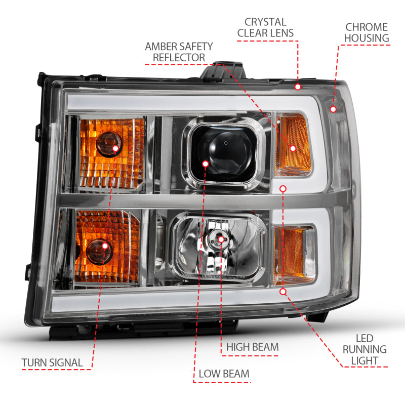 ANZO 2007-2013 Gmc Sierra 1500 Projector Headlight Plank Style Chrome w/ Clear Lens Amber-SR1 Performance