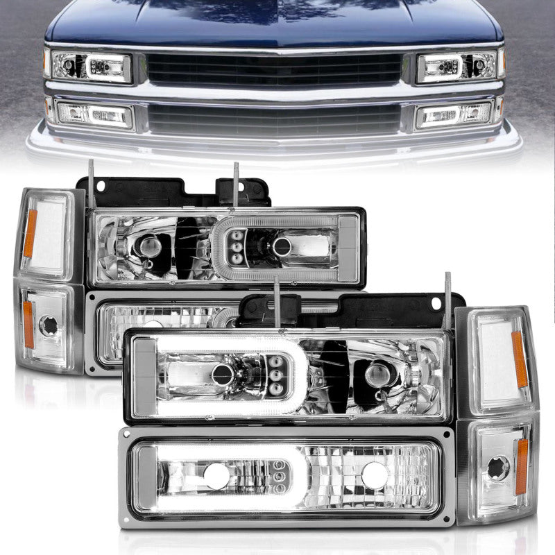 ANZO 88-98 Chevrolet C1500 Crystal Headlight Set with Light Bar and Signal Side Markers – Chrome Housing, Clear Lens, 2-Piece Pair