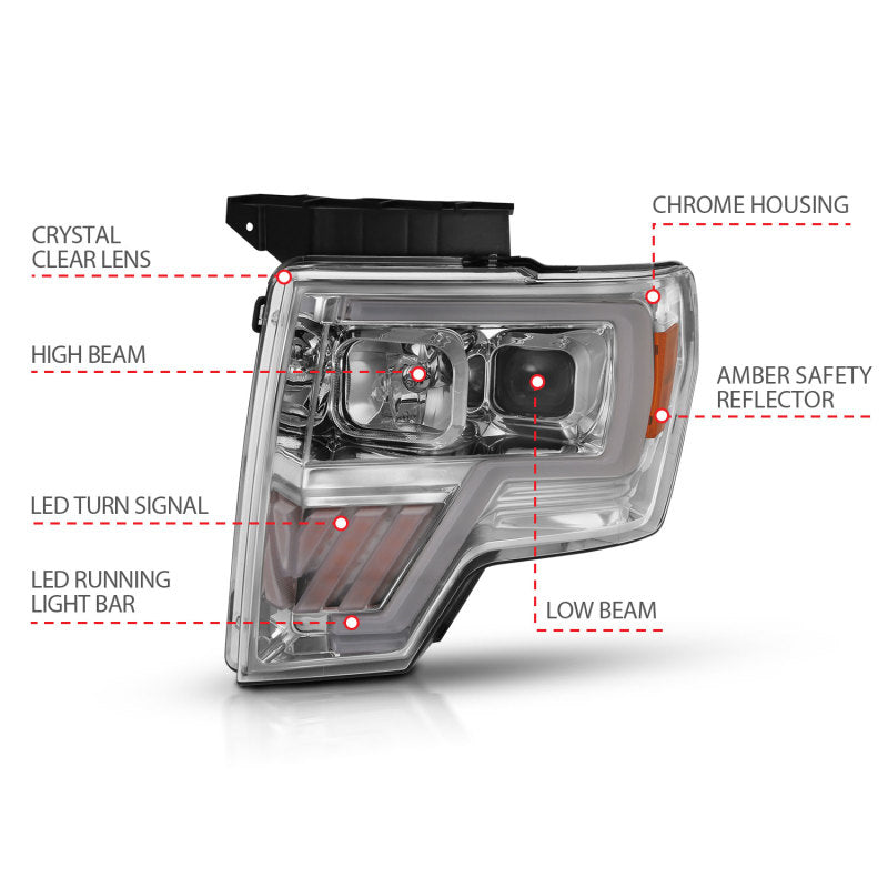 ANZO 2009-2014 Ford F-150 Projector Headlight Chrome Amber-SR1 Performance