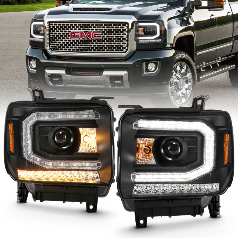 ANZO 2016-2019 Gmc Sierra 1500 Projector Headlight Plank Style Black w/ Sequential Amber Signal-SR1 Performance