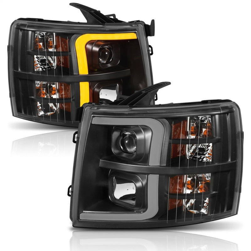 ANZO 07-13 Chevrolet Silverado 1500 Plank Style Projector Headlights Black w/ Amber-SR1 Performance