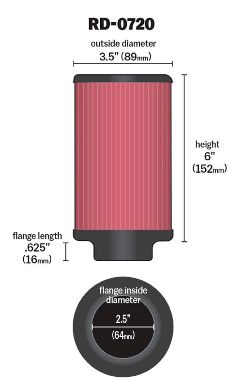 K&N Universal Rubber Filter 2.5in Flange ID x 3.5in OD x 6in Height-SR1 Performance